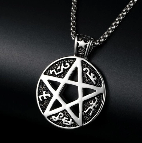 Collana con ciondolo a pentagramma in acciaio inossidabile retrò per uomo donna Gothic Punk Mystery Rune Circle Star Amulet