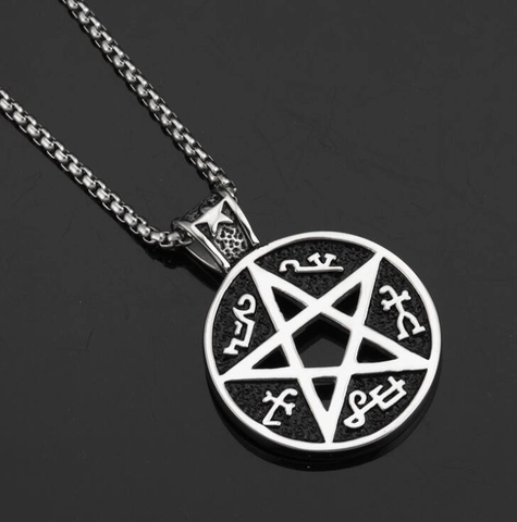 Collana con ciondolo a pentagramma in acciaio inossidabile retrò per uomo donna Gothic Punk Mystery Rune Circle Star Amulet