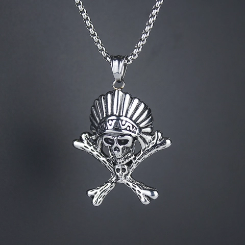 Vintage Stainless Steel Indian Chief Skull Pendant Necklace For Men Women Ethnic Punk Style Antique Silver Jewelry Necklace