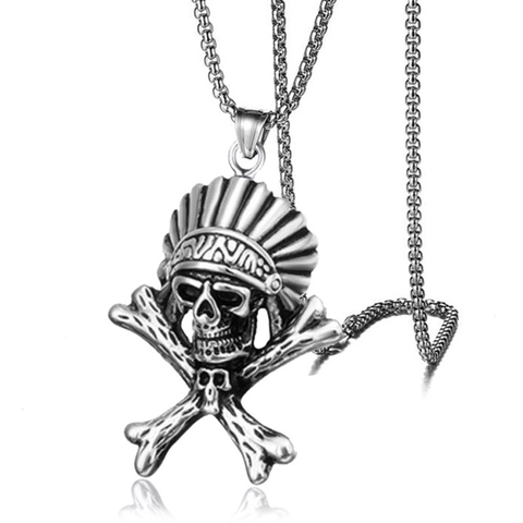 Vintage Stainless Steel Indian Chief Skull Pendant Necklace For Men Women Ethnic Punk Style Antique Silver Jewelry Necklace
