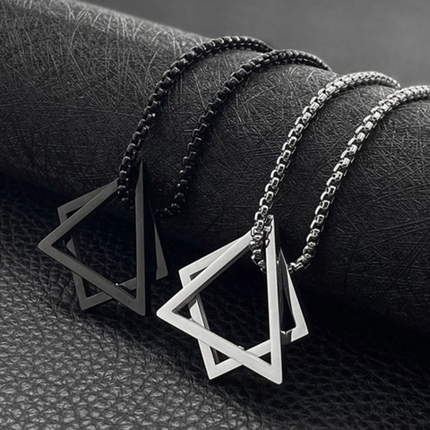 Minimalist Geometric Interlocking Triangle Pendant Necklace For Men Women Unisex Hip Hop Stainless Steel Alloy Box Chain Jewelry Gift