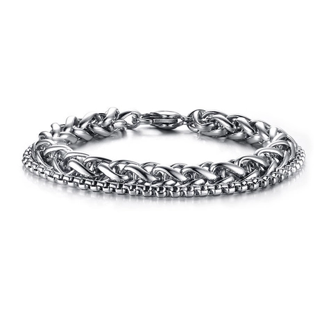 Men Double Layer Stainless Steel Wheat Chain And Box Chain Bracelet Silver Punk Hip Hop Jewelry Gift For Him