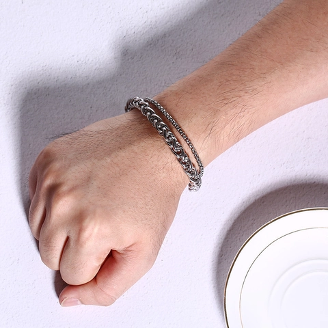 Men Double Layer Stainless Steel Wheat Chain And Box Chain Bracelet Silver Punk Hip Hop Jewelry Gift For Him