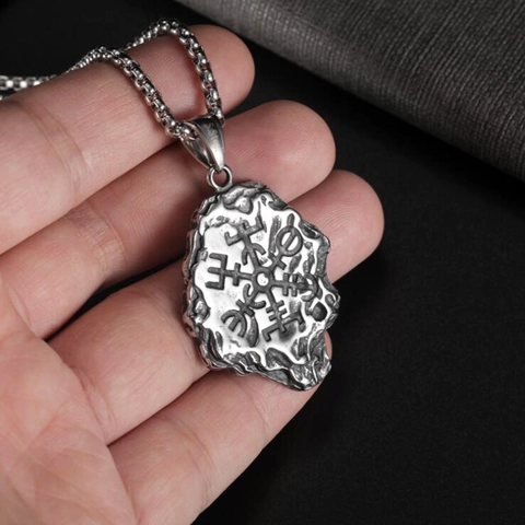 Vintage Viking Vegvisir Valknut Pendant Necklace For Men Stainless Steel Rock Texture Totem Compass Charm Jewelry Gift