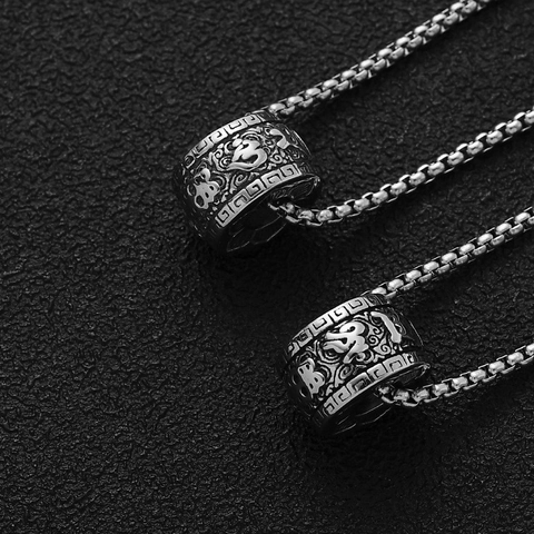 Vintage Edelstahl Sechs Wort Mantra Zylinder Anhänger Halskette Distressed Legierung Retro Religiöser Schmuck Für Herren Damen