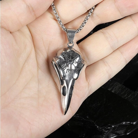 Vintage Viking Raven Skull Pendant Necklace Stainless Steel Men Compass Rune Nordic Punk Street Style Jewelry Necklaces