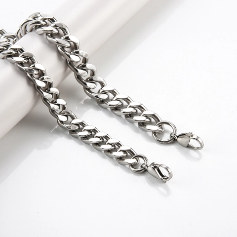 Punk Hip Hop Stainless Steel Cuban Link Chain Necklace Bracelet For Men Women Vintage Polished Curb Chain Silver Jewelry