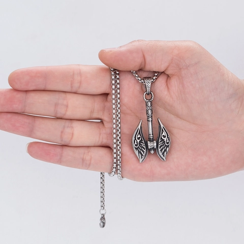 Collana con Pendente ad Ascia Vichinga a Doppia Testa Catena in Acciaio Inossidabile Lega Finitura Antica Gioielli Uomo