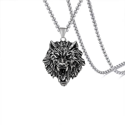 Retro Wolf Head Pendant Necklace For Men Stainless Steel Hip Hop Punk Gothic Viking Style Jewelry With 60cm Box Chain Gift