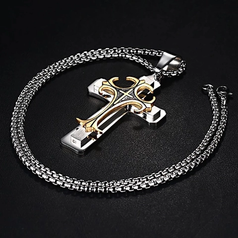Vintage Stainless Steel Alloy Cross Pendant Necklace For Men Women Gold Silver Black Gothic Religious Jewelry Box Chain