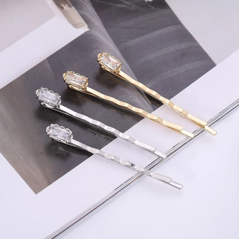 Elegant Alloy Wave Shape Zirconia Hair Clip Rectangular Crystal Bobby Pin Side Clip Gold Silver Hair Accessories For Women