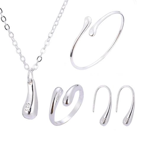 Minimalist Water Drop Jewelry Collection Women Alloy Silver Plated Necklace Earring Ring Bracelet Elegant Modern Accessories