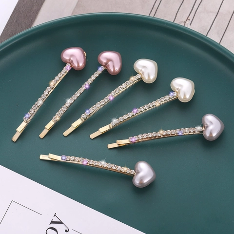Elegante Pinza para el Cabello de Perla Artificial de Corazón para Mujer Aleación Diamantes Imitación Horquilla Oro Accesorios