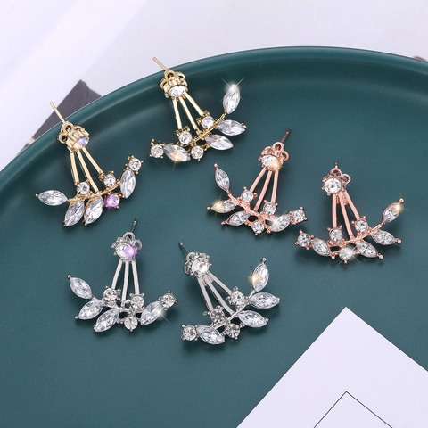 Elegant Leaf Shaped Ear Jacket Earrings Alloy Cubic Zirconia Crystal Rhinestone Stud Earrings For Women Wedding Party Jewelry