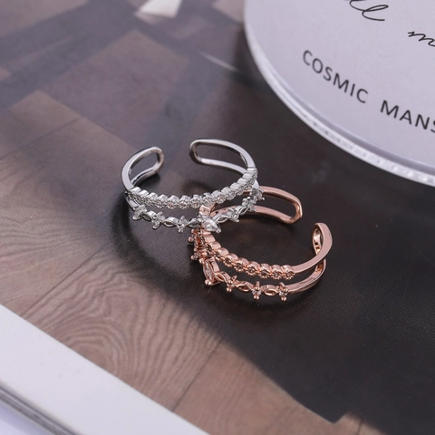 Minimalistisch Kupfer Zirkonia Doppelschicht Offener Ring Für Damen Verstellbar Roségold Silber Plattiert Eleganter Mode Fingerring Schmuck