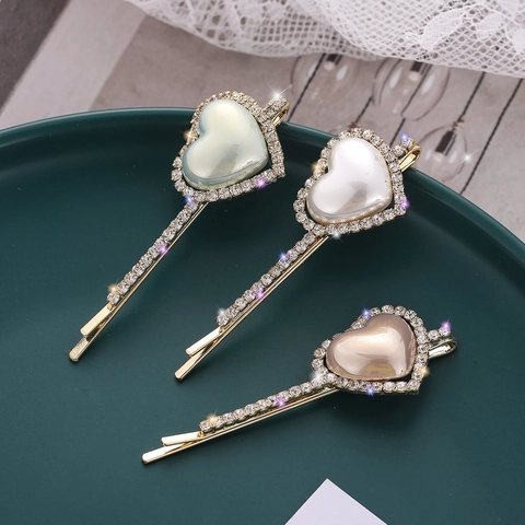 Fermaglio per Capelli a Forma di Cuore con Perla Artificiale e Strass Stile Coreano per Donna Clip Laterale in Lega Oro