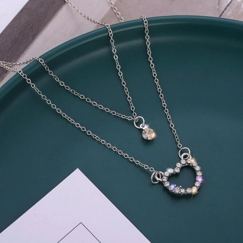 Collier Double Rang avec Pendentif Cœur Style Coréen pour Femme Alliage Argenté Strass Ras du Cou Chaîne de Clavicule