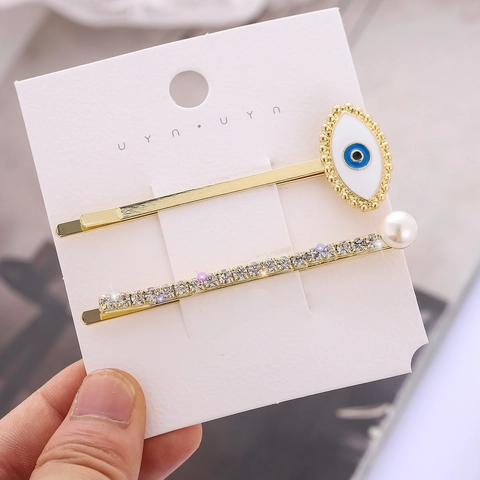 Evil Eye Rhinestone Artificial Pearl Hair Clip Gold Alloy Enamel Side Clip Fashion Hair Accessories For Women Jewelry