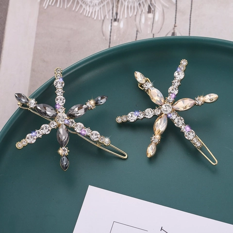 Elegant Schneeflocke Strass Haarklammer Gold Legierung Metall Seitenclip Haarnadel Für Damen Mädchen Mode Haarschmuck Schmuck Geschenk