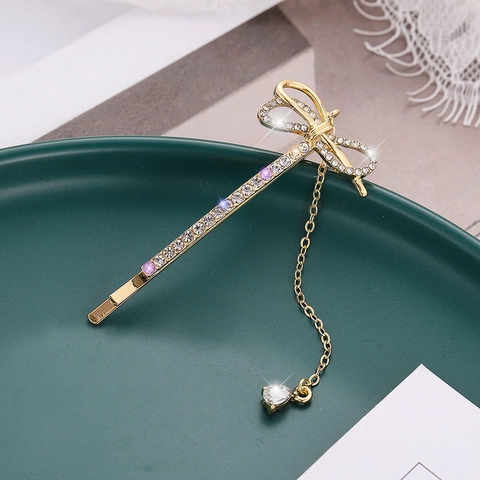 Fermaglio per Capelli con Fiocco in Strass Scintillante Stile Coreano con Catena a Nappine Elegante Fermaglio Laterale in Lega Oro Donna