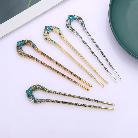 Bastoncino per Capelli Vintage a Forma di U in Lega con Strass e Fiori Stile Cinese Etnico Accessori per Capelli Donna Matrimonio