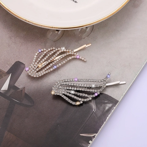 Elegante Legering Strass Vleugel Haarclip Voor Vrouwen Eenvoudige Zoete Blad Haarspeld Goud Zilver Haaraccessoires Sieraden