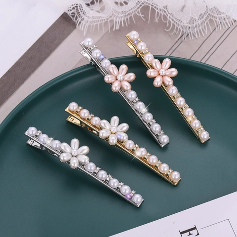 Fermagli Capelli Perla Artificial Fiore Stile Coreano Eleganti Strass Clip a Becco d'Anatra Lega Clip Laterali Donna Accessori Capelli