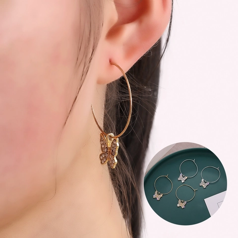 Fashion Alloy Butterfly Dangle Hoop Earrings Sparkly Rhinestone Exaggerated Large Round Circle Earrings For Women Jewelry Gift
