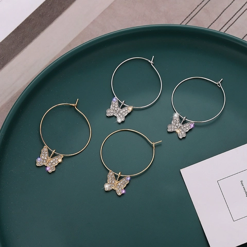 Fashion Alloy Butterfly Dangle Hoop Earrings Sparkly Rhinestone Exaggerated Large Round Circle Earrings For Women Jewelry Gift