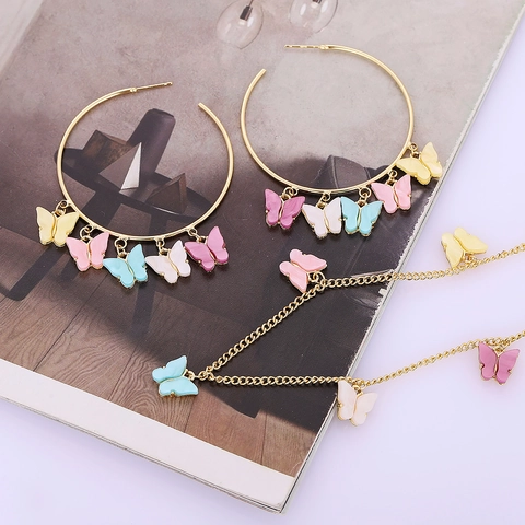 Buntes Schmetterling Schmuckset Legierung Vergoldet Creolen Und Anhänger Halskette Für Damen Mädchen Süßer Täglicher Schmuck