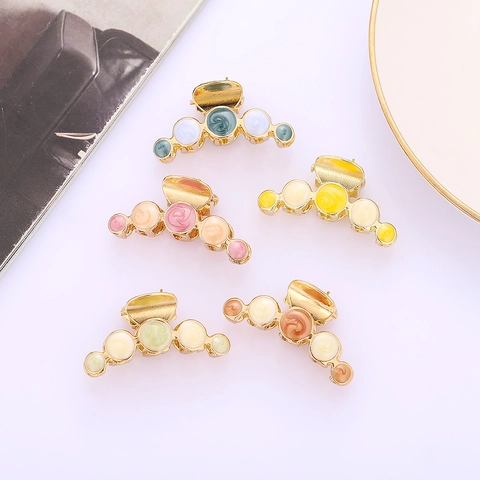 Korean Ins Alloy Hair Claw Clip Marbled Resin Beads Hairpin For Women Vintage Elegant Metal Hair Accessories Enamel Hair Clip