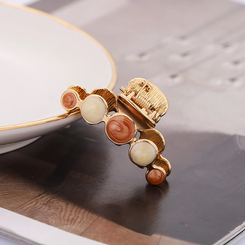 Korean Ins Alloy Hair Claw Clip Marbled Resin Beads Hairpin For Women Vintage Elegant Metal Hair Accessories Enamel Hair Clip