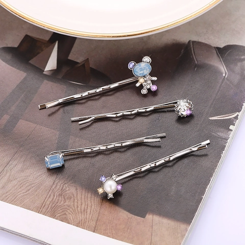 Korean Style Alloy Rhinestones Hair Clips With Faux Artificial Pearls Cute Bear Geometry Bobby Pins For Women Daily Hair Styling Side Clips Silver Blue Accessories