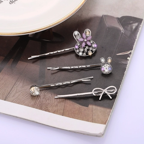 Alloy Rhinestone Rabbit Flower Bowknot Bobby Pins For Women Girls Korean Style Sweet Hair Accessories Silver Hair Clips
