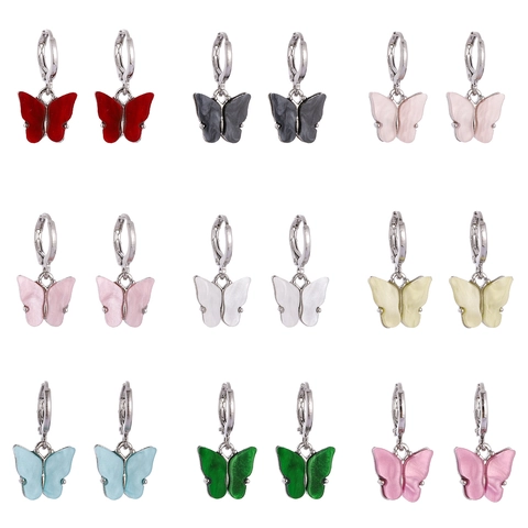 Fashion Alloy Butterfly Dangle Hoop Earrings For Women Colorful Acetate Pearly Charm Animal Pendant Earrings Jewelry Gift