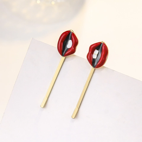 Fermagli per Capelli Pop Art a Forma di Labbra Rosse in Lega Placcata Oro con Smalto Forcine per Donna Gioielli