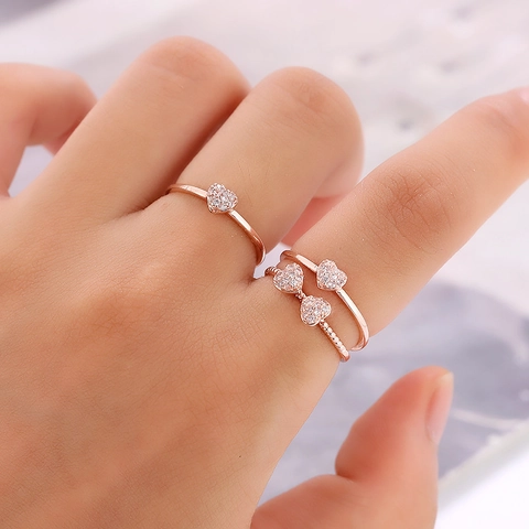 Adjustable Copper Ring Set For Women Heart Four Leaf Clover Design Rhinestone Inlaid Fashion Open Finger Rings Jewelry Accessory