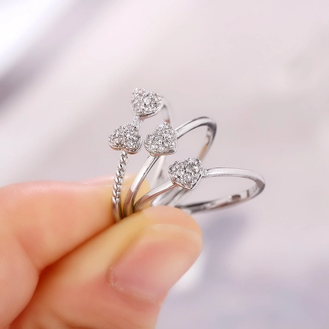 Adjustable Copper Ring Set For Women Heart Four Leaf Clover Design Rhinestone Inlaid Fashion Open Finger Rings Jewelry Accessory
