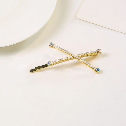 Elegante Pinza para el Cabello de Aleación Perla Artificial Strass Diseño en X Clip Lateral Cruzado Tocado de Metal para Mujer