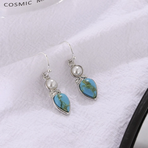 Bohemian Alloy Drop Earrings With Artificial Pearl And Waterdrop Turquoise Pendant Vintage Ethnic Style Jewelry For Women