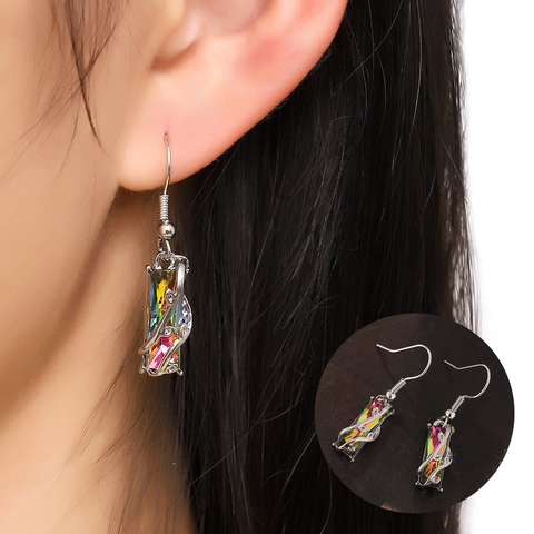 Iridescent Rectangle Crystal Dangle Earrings Copper Wire Wrap Earrings With 925 Sterling Silver Earring Post For Women Jewelry