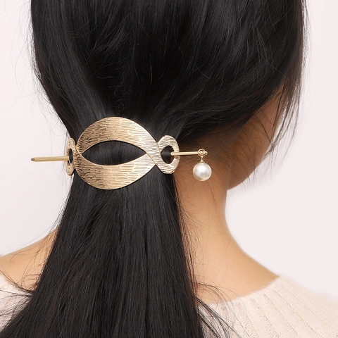 Korean Style Brushed Alloy Hair Stick With Artificial Pearl Heart Hollow Oval Geometric Hairpin For Women Fashion Hair Jewelry