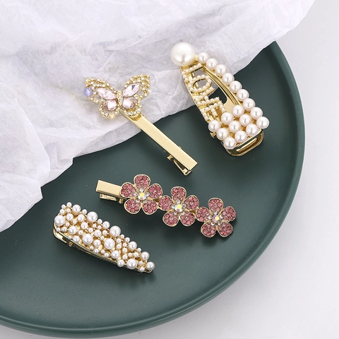 Korean Style Elegant Artificial Pearl Hair Clip Gold Alloy Rhinestone Butterfly Flower Letter Duckbill Clip For Women