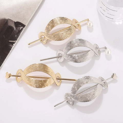Korean Style Brushed Alloy Hair Stick With Artificial Pearl Heart Hollow Oval Geometric Hairpin For Women Fashion Hair Jewelry