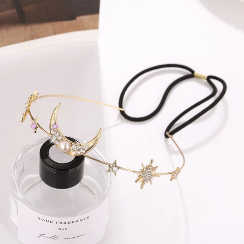 Cerchietto Stella e Luna Moda Occidentale Lega Oro Strass Perla Artificiale Fascia Elastica Capelli Gioielli per Donna