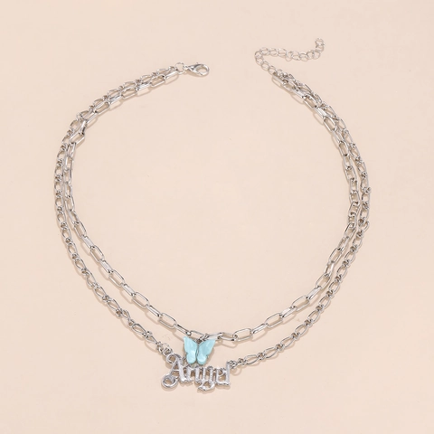 Damen Doppellagig Schmetterling Halskette Gotik Angel Buchstabe Anhänger Büroklammer Kette Legierung Modeschmuck Y2K