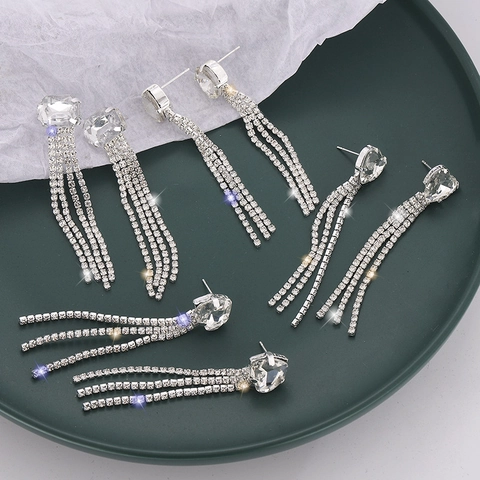 Luxurious Alloy Rhinestone Tassel Drop Earrings For Women Long Geometric Heart Round Square Crystal Dangle Earrings Jewelry