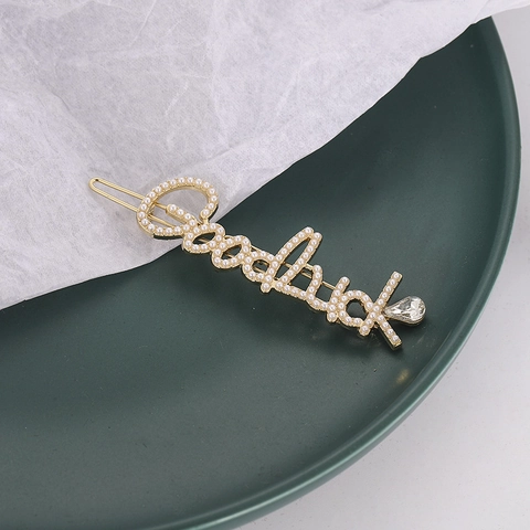 Pinza para el Cabello de Lujo con Letras Goodluck Perlas Artificiales Strass Aleación Metal Clip Lateral para Mujer Fiesta Accesorios