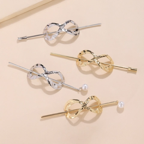 Bastoncino per Capelli Geometrico Infinito in Lega Vintage Elegante Forcina in Metallo Martellato Con Perla Artificiale Stile Coreano Donna Decorazione Capelli