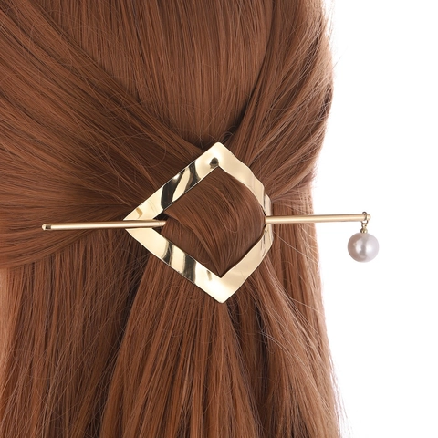 Palillo para el Cabello Aleación Geométrica Estilo Coreano Elegante Pasador de Metal Galvanizado Oro Plata Con Perla Artificial Mujer Accesorios para el Pelo